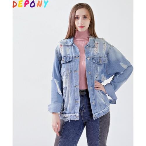 2020 DEPONY women Ripped Denim jacket autumn cropped Blue jeans Single Breasted Casual Loose jacket bomber