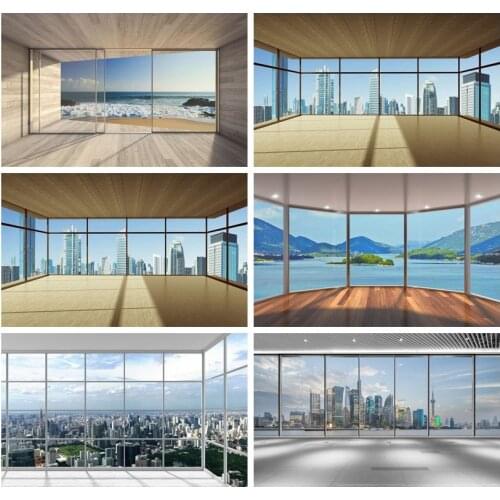 Laeacco Wood Vintage House French Window Sea Scenery Photography Backdrops Photographic Backgrounds Room Decor Photophone Props