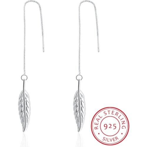 LEKANI Sterling Silver 925 Long Chain Drop Earrings for Women Feather Dangle Earings Luxury Pendientes Accessries SCE786