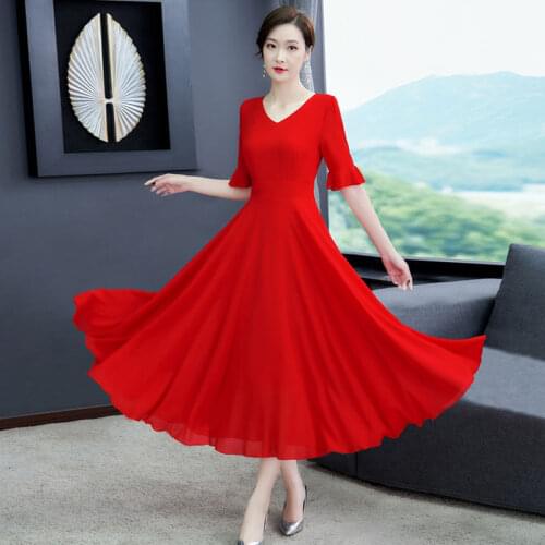 Summer Chiffon Plus Size Big Swing Half Trumpet Sleeve V-neck Ankle-length A-line Simple Black Red Fashion Cocktail Dresses 9145