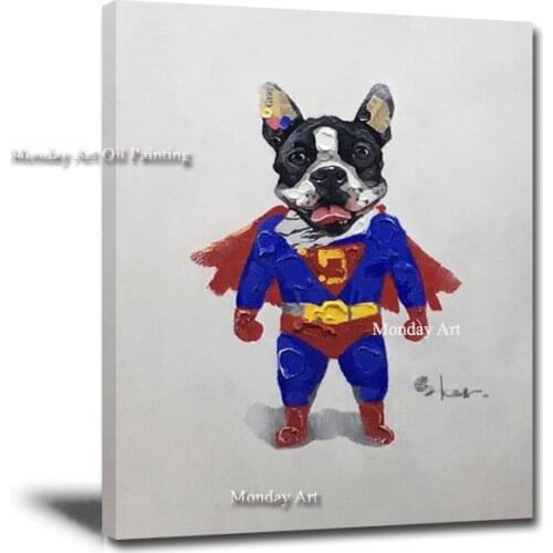 Fashion Super Dog Pure Handpainted Canvas Art Oil Painting Poster Funning Cartoon Animal Wall Pictures for Kids Room Decoration