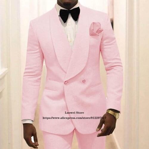 Pink Mens Suits Fashion 2 Piece Sets Floral Slim Fit Double Breasted Wedding Groom Tuxedo Formal Business Blazer (Jacket+Pants)