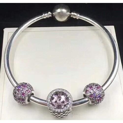 NEW 100% 925 Sterling Silver 791261ACZMX Pink & Purple Pave Ball Silver Charm Radiant Hearts Charm, Crystal Clear Bracelet Set