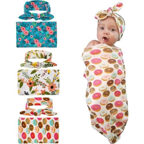 Infant Swaddle Blanket Comfortable Newborn Printed Sleeping Bag Swaddle Wrap and Rabbit Ears Wide Headband Photography Clothing