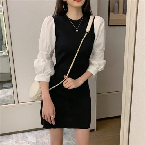 2021 Spring Autumn Mini Party Dress Women Puff Sleeve Knit Dresses Korean Elegant Vintage Pencil Robe Vestidos Female Clothes