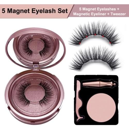 NEW 5 Magnet Reusable Eyelashes No Glue 3-pieces Set Natural Fake Lash+Magnetic Eyeliner&Tweezer Custom Private Label Wholesale