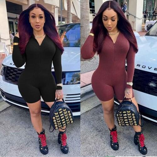 Sexy Zipper V Neck Short Jumpsuit Knitted Long Sleeve Bodycon Playsuit Autumn One Piece Outfit Solid Bodysuit Women Rompers