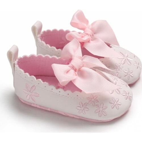 Baby Girls Toddler Infant First Walkers Spring Soft Sole Non-Slip PU Princess Casual Floral Embroidery Shoes with Bowknot 0-18M