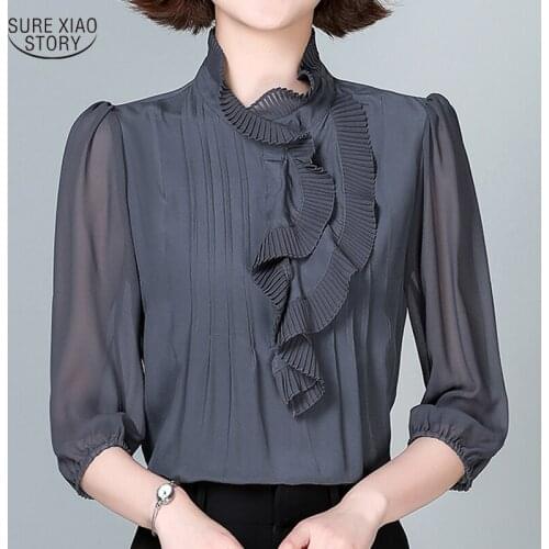 2021 French Sweet Blouse lady Spring Autumn New Ruffled Women Blouse Mulberry Silk Spun Comfort Female Shirt Camisas Mujer 15762