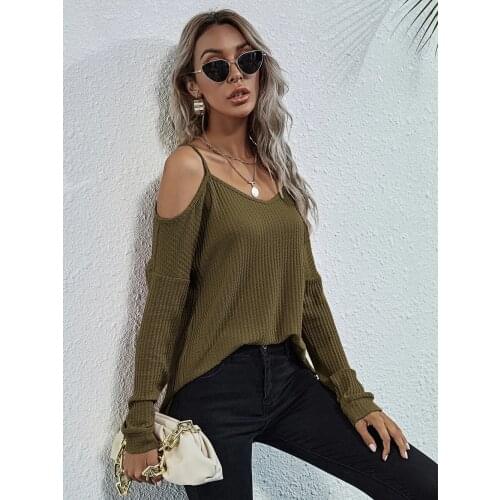 Womens Top Spring Autumn Solid Color T-Shirts Hollow Out Sling V-Neck Long Sleeve T Shirts Woman Clothing 2021 Casual Loose Top