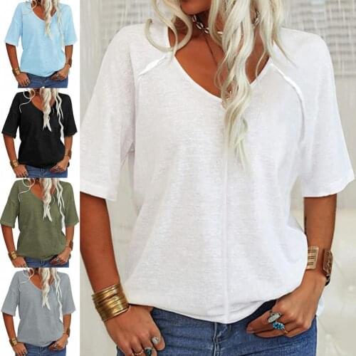 New Women T-shirt Half Sleeve V-neck Shirts Sweat Absorbing Solid Color Loose Tops Summer Shirt Pullover Plus Size Female blusas