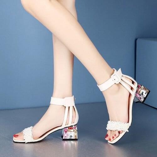2020 Summer Shoes Women Sandals Ankle Strap Sandal Fashion Bead Ladies Dress Shoes Sexy Rhinestone Heels sandalias mujer 8144G