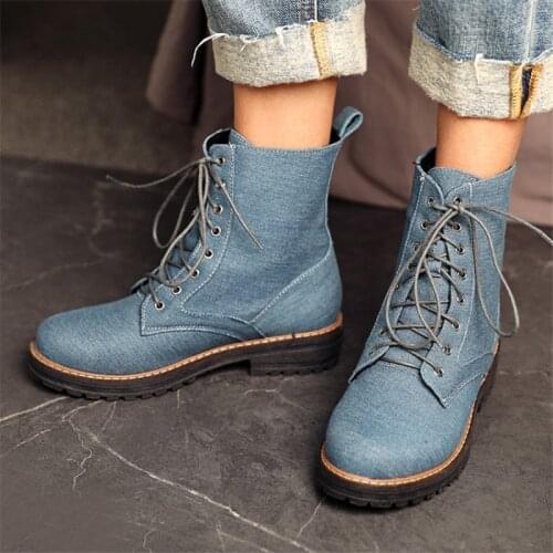 PXELENA Retro Autumn Winter 2021 Women Denim Ankle Boots Lace Up Chunky Low Heels Lace Up Martin Boots Jean Blue Shoes Plus Size