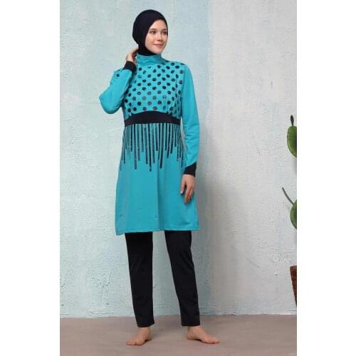 Women Hasema Hijab Modest Muslim Swimwear Mint Green Spot Coif Torsolette Tights Swimsuit Long-Sleeve Full Cover Sea Pool