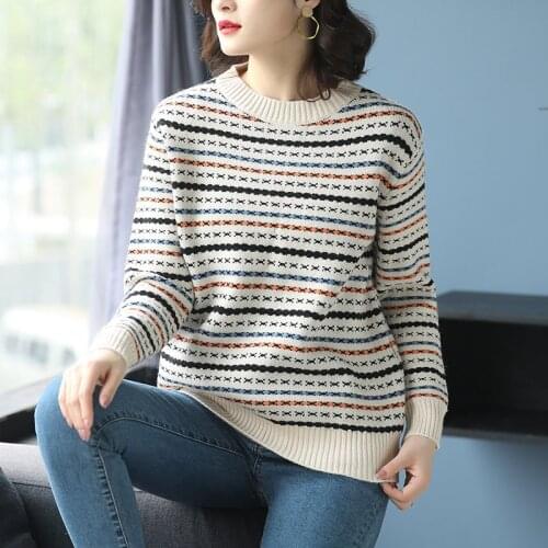 Women Patchwork Colors Sweater Pullovers High Quality Lady Striped Thick Warm Fashion Sweater Long Sleeve