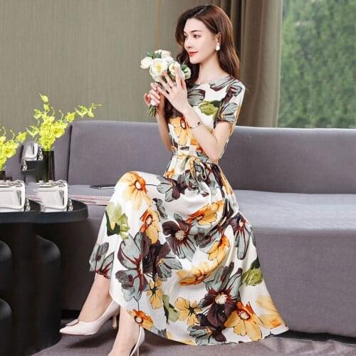 Short Sleeve Printed Cotton Silk Dresses Female 2021 New Summer Womens Dress Middle-Aged Mother Dress Plus Size Slim Long Dress