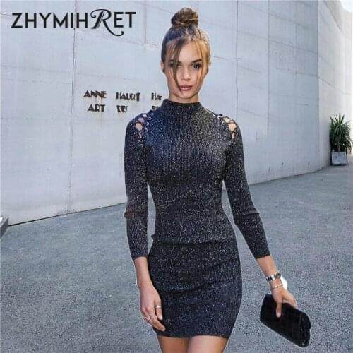 ZHYMIHRET 2018 Autumn Winter Lurex Dress Women Hollow Out Long Sleeve Skinny Mini Sexy Turtleneck Vestidos Christmas Party Dress