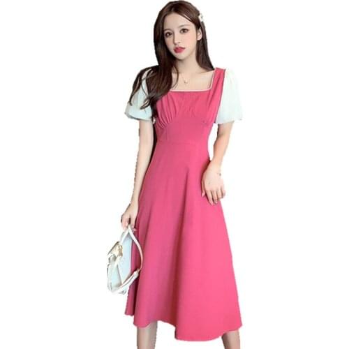 2020 Summer New Fashion French Puff Sleeve Dress Woman Party Collar Waist A-line Midi Dresses Vestido De Festa Longo