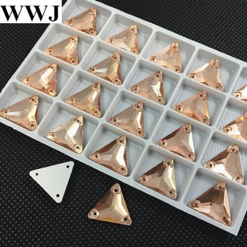 New 30Pcs 16mm Light Peach Color Triangle Shape Glass Sew On Stone Flatback 3 Holes Sewing Rhinestones Jewelry Beads