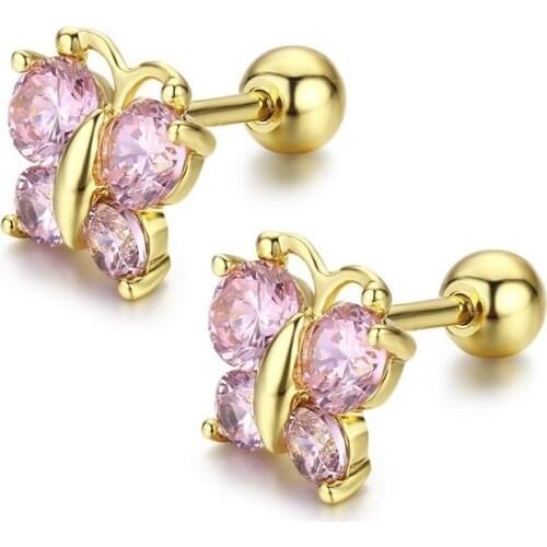 5 Colors Cute Butterfly Screw Back Stud Earrings For Women Kids Child Baby Girls Cubic Zircon Gold Color Jewelry Aros Oorbellen