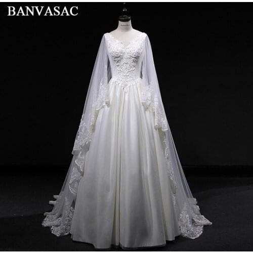 BANVASAC 2018 Vintage Real Photos V Neck A Line Satin Wedding Dresses Lace Appliques Plus Size Embroidery Bridal Gowns