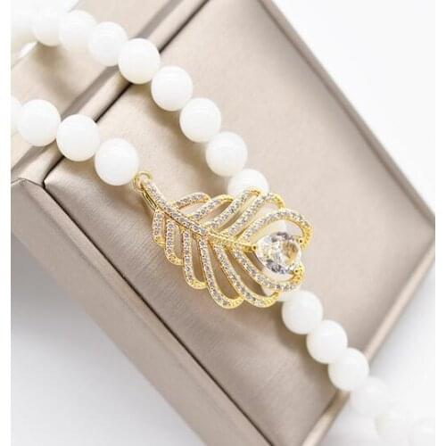 Free shipping jewelry Handmade7-8mm White Pearl CZ Necklace Pendant 925 silver micro inlay zircon leaf clasp accessory