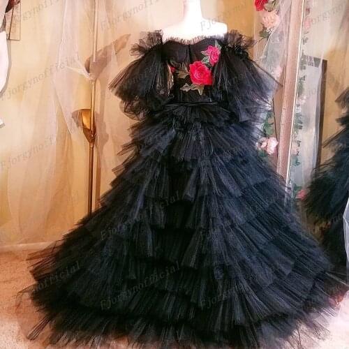 Black Extra Puffy Formal Evening Gowns Tiered Tulle Court Dress Special Occasion Party Dress Women’s Formal Robes