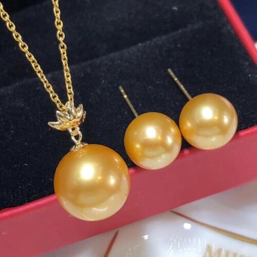 D819 Pearl Set Fine Jewelry Solid 18K Gold Round 7-12mm Fresh Water Golden Pearls Jewelry Sets for Women Fine Presents