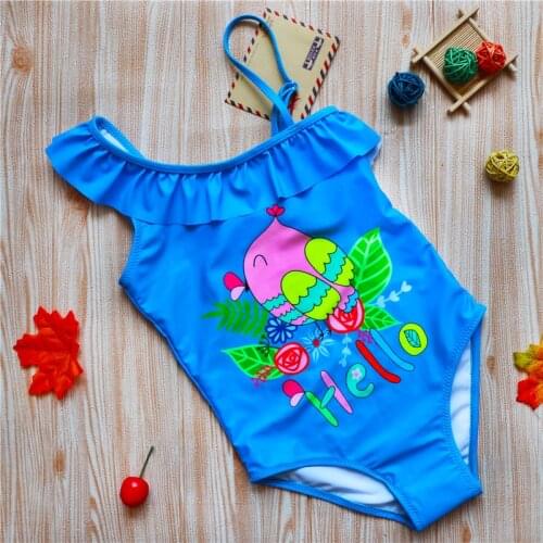2021 Childrens Swimsuit Sloping Shoulder Ruffle Swimsuit Cartoon Bird Print Leaves One-piece Girls Swimsuit