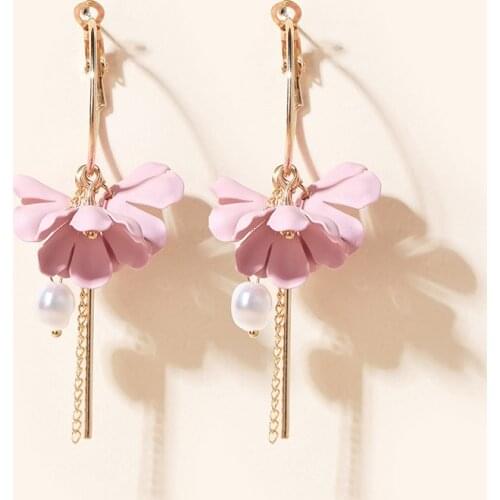 Docona Elegant Pearl Flower Drop Earrings Girls Cute Circle Earrings for Women Gold Color Chains Jewelry Party Gift 14073