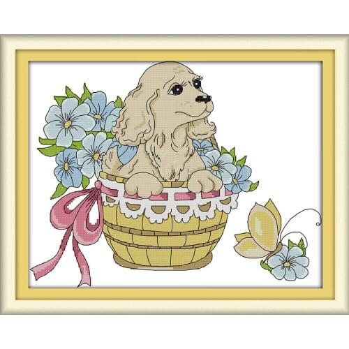 Everlasting Love Flower Basket Dog Ecological Cotton Cross Stitch 11CT And 14CT Printed DIY Christmas Decorations For Home Gift