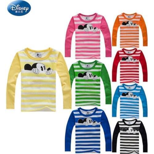 Disney 100% Cotton T-Shirt Long Sleeve Spring/Autumn Mickey Mouse Cartoon T shirts for Boys Girls Casual Tees Children Clothes
