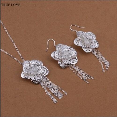 Hot Silver color Flower Charm Necklace Earrings Set Fashion Jewelry engagement gift for women classic brand design S440