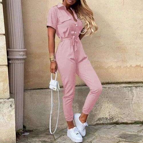 Summer new style ladies T-shirt one-piece trousers urban fashion suit ladies street casual lapel button belt pure color suit