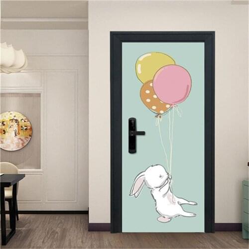 Cartoon Rabbit and Balloon PVC Door Stickers For Kids Room Decoration Wallpaper On The Doors DIY Poster Home Design Mural Decals