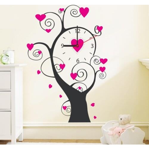 40*58cm Pink Love Tree Fancy Wall Clock Stickers European Home Decor Decal Arabic Numberals Watch Self Adhesive Wall DIY Murals