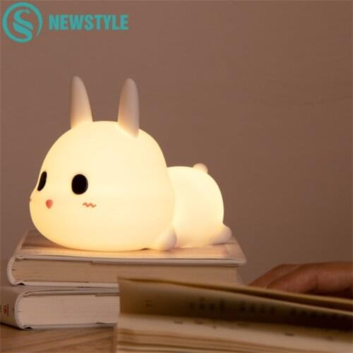 Rabbit LED Night Light Silicone Animal Cartoon Dimmable Lamp USB Rechargeable For Children Kids Baby Gift Bedside Bedroom