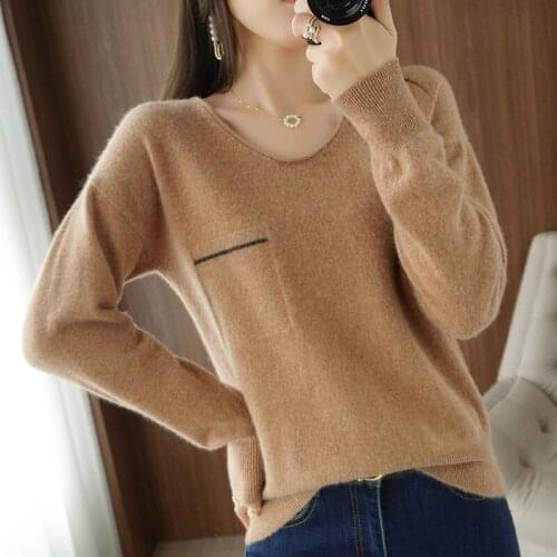 2021New 100% WoolSweater Pure Color Knitted Autumn And Winter V Vcollar Pullover Sweater Loose Large Size Sweater Wome