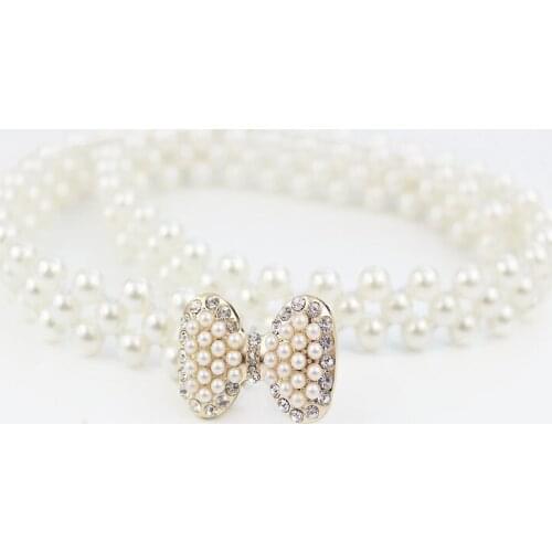 2018 New Fashion Small Gold Buckle Inlaying Pearl Elastic Belts For Women Dress Bowknot Decoration Female Strap Rhinestone