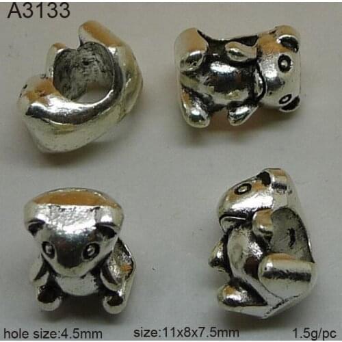 Wholesale (25 pieces/lot)11*8*7.5mm Antique Silver Alloy Big Hole Beads 3D Bear Beads Findings Fit Charm