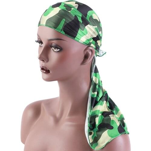 Fashion Camouflage Printed Long Tail Pirate Hat Silky Satin Durags Bandana Mens Silky Durags Turban Hat Adjustable Headwrap