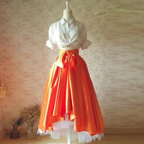 Real Image Orange High Low Satin Skirts With Tulle Zipper Waistline Skirt Women Custom Female Adult Skirt To Party Saia Longa