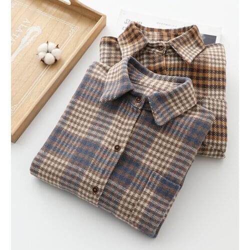Plaid Shirt Womens Tops and Blouses Long Sleeve Cotton Vintage Turn-down Collar Thick Tunics Woman Jacket Shirts Autumn Winter