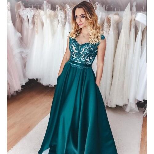 Sexy Emerald Green Evening Dress 2021 With Pocket Sweetheart A-Line Formal gowns Satin Simple Elegant Lace Appliques Graceful