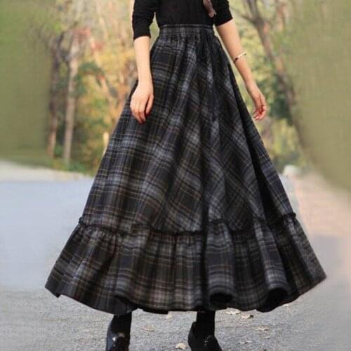 Casual Red Lattice Plaid Ruffle Wool Woolen Female Maxi Skirt designs / Skirts Womens feminina Large Size Pleated Skirt