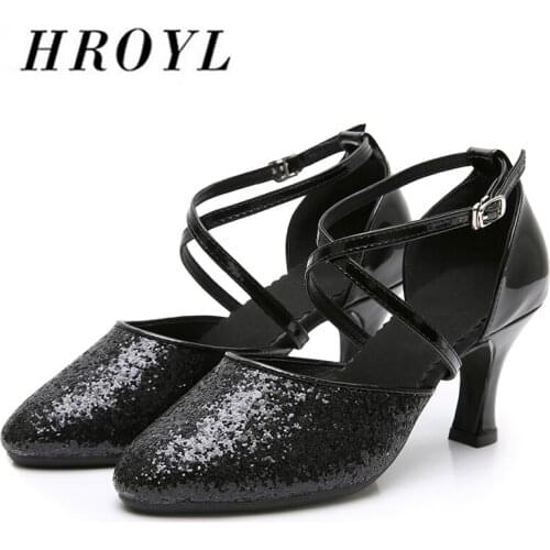 HROYL Hot-selling Modern Latin Dance Shoes For Women/Ladies/Girls Latin Tango Ballroom Sequins +PU shoes Heeled 3.5-5.5CM