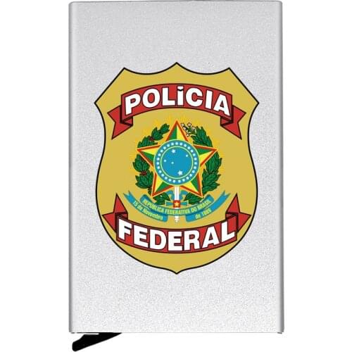 High Quality Brasil Polícia Federal Badge Automatic Pop Up Credit Card Holder Cover Rfid Aluminum Pocket Wallet