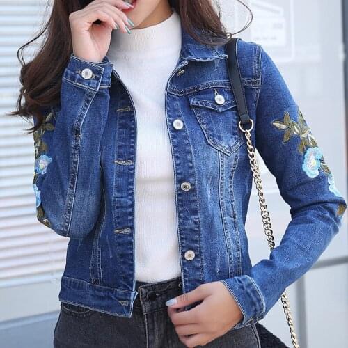 Women 2020 spring Autum floral embroidery Denim Jackets Korean students Jeans Coat Turn-down Collar Outwear Slim Jacket JC177
