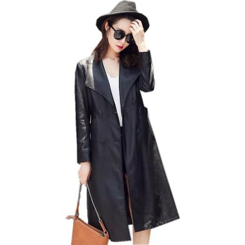 2020 High Quality Faux Leather Jacket Womens Windbreaker Long Trench Coat Casaco Feminino Elegant Ladies Coats WXF190