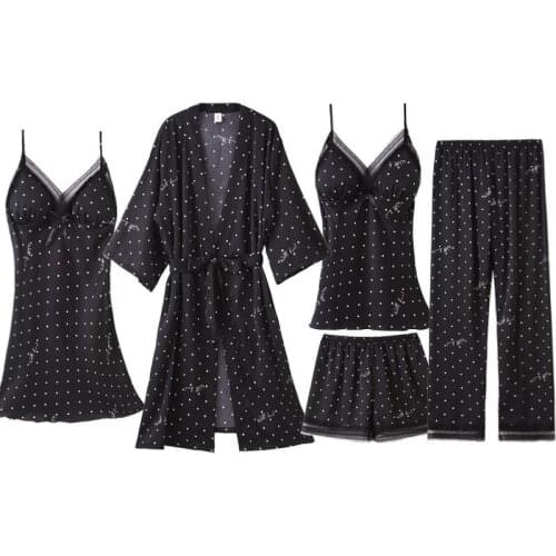 Female Lounge Pyjama with Chest Pads Home Wear Women Black Satin Lace Dot Print Pajama 5 Pieces Sets Sleepwear